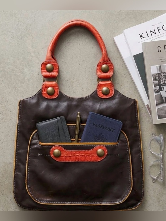 Handbags - Women’s Brown Leather Tote with Orange Accent Handles